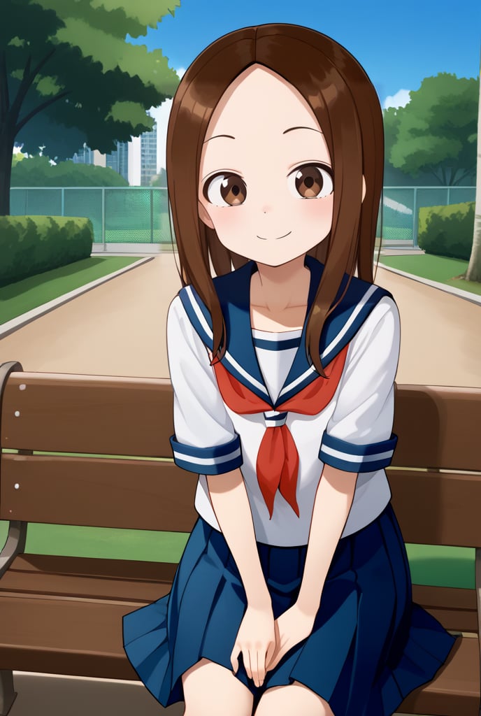 1girl, source_anime, aatakagi, solo, long hair, brown hair, parted bangs, collarbone, serafuku, sailor collar, red neckerchief, white shirt, short sleeves, pleated skirt, blue skirt, sitting, waving, smile, bench, outdoors, park,

