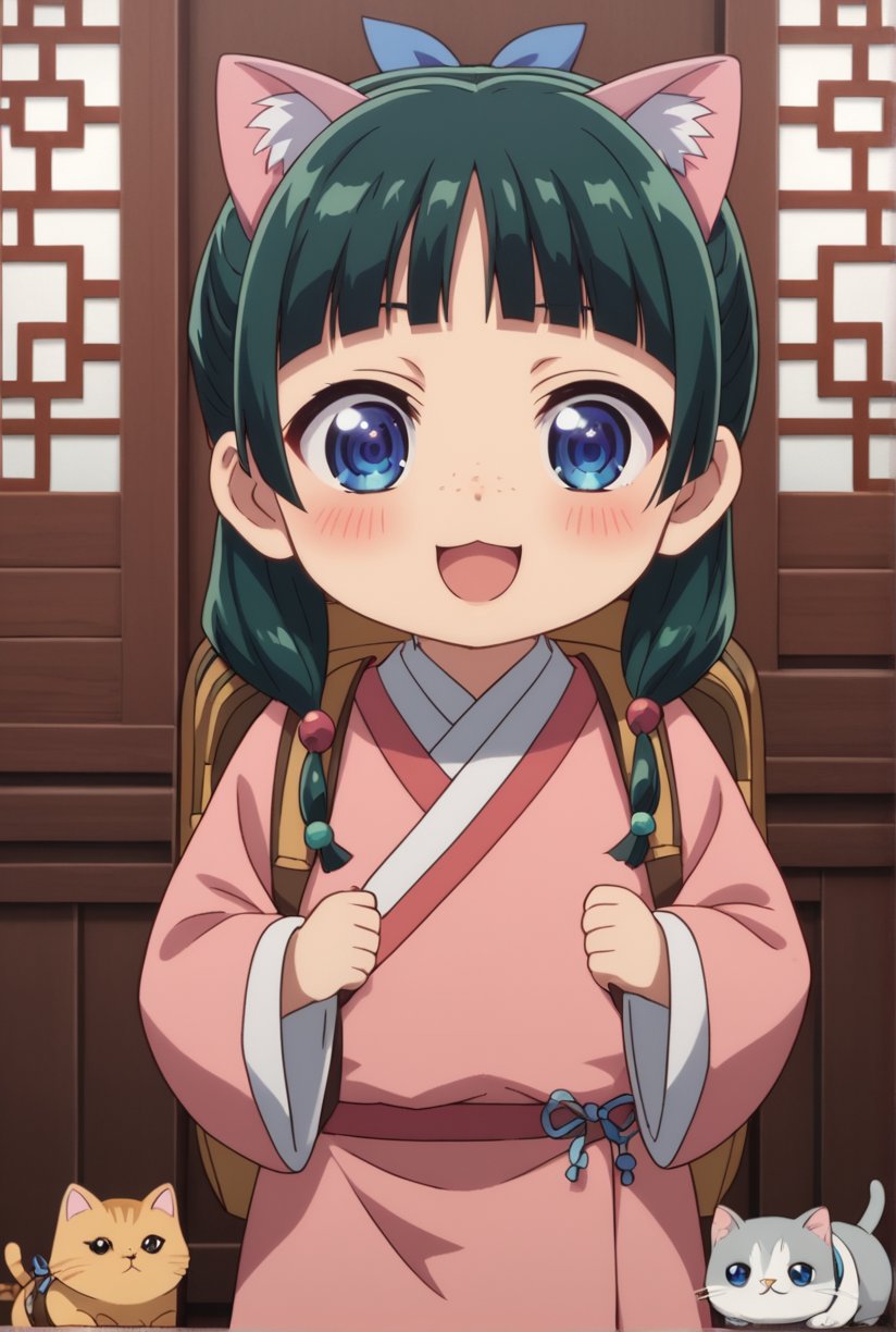 1girl, maomao, ((masterpiece, best quality)), (hyper detailed, detailed background), solo, green hair, long hair, blue eyes, BREAK :3, backpack, bag, blunt bangs, blush, cat ears, long sleeves, smile, chibi, freckles, light green hanfu, pink clothes, chinese clothes, wide sleeves, default hairstyle, hair bun, hair ribbon, blue ribbon, sidelocks, hair beads, half updo, hair over shoulder, excited, low twintails, BREAK score_9, score_8_up, score_7_up, score_6_up, anime, BREAK (high quality, detailed, beautiful), shiny, detailed beautiful eyes, outstanding, countershading, detailed soft lighting, ((Chibi character))