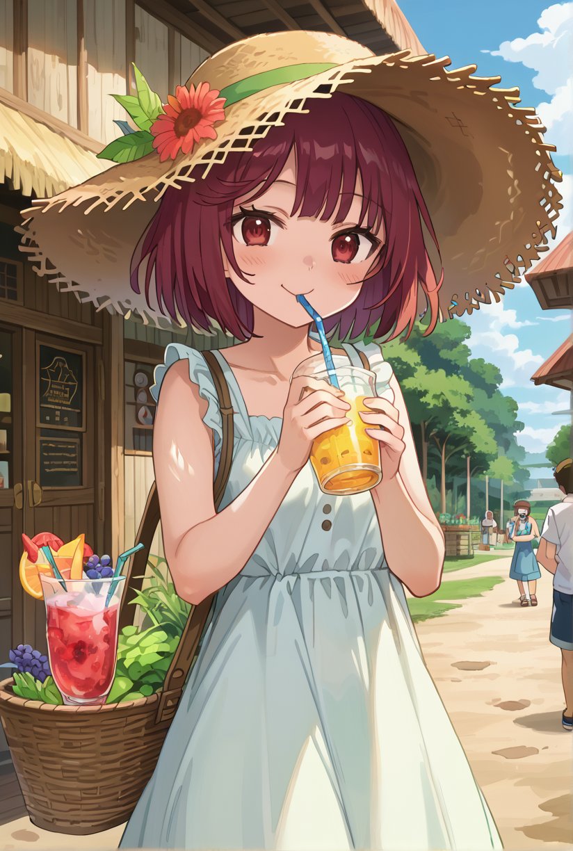 score_9, 1girl, sophieatelier, ((masterpiece, best quality)), (hyper detailed, detailed background), expressive eyes, perfect face, sundress, outdoor, straw hat, drinking, (strawberry:0.5), drinking straw, blush,anime screencap,score_anime, look at viewer, (cowboy_shot:1.2), short hair, blush, happy, bright tone