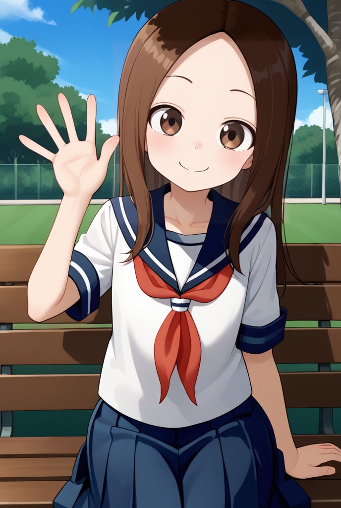 1girl, source_anime, aatakagi, solo, long hair, brown hair, parted bangs, collarbone, serafuku, sailor collar, red neckerchief, white shirt, short sleeves, pleated skirt, blue skirt, sitting, waving, smile, bench, outdoors, park,

