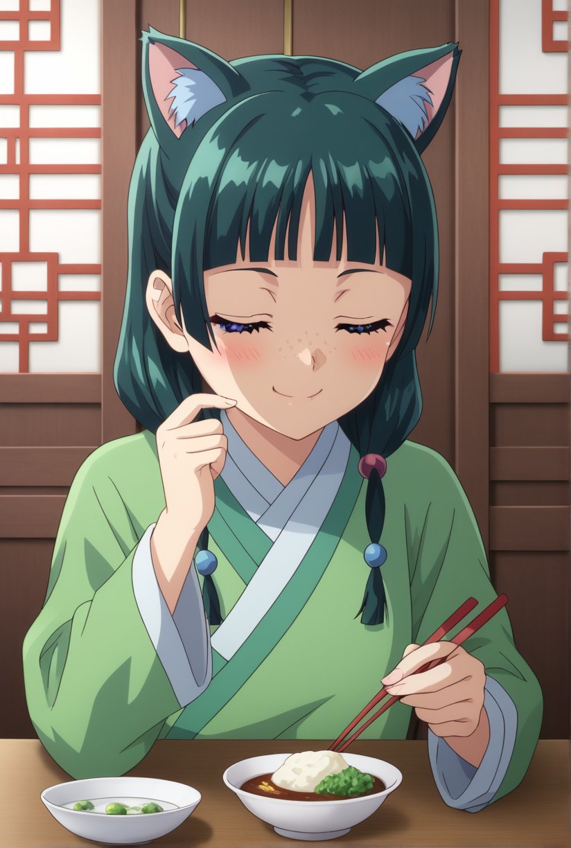 1girl, maomao, ((masterpiece, best quality)), (hyper detailed, detailed background), solo, green hair, long hair, blue eyes, maomao, animal ears, blunt bangs, shaded face, freckles, light green hanfu, default clothes, chinese clothes, long sleeves, default hairstyle, hair ribbon, blue ribbon, sidelocks, hair beads, hair over shoulder, low twintails, anime, (high quality, detailed, beautiful), shiny, detailed beautiful eyes, outstanding, countershading, detailed soft lighting, closed eyes, smiling, eating with chopsticks, calm expression, seated in traditional Chinese room, wooden table, background with sliding doors and traditional curtains, warm lighting, peaceful atmosphere, lightly blushed cheeks, holding chopsticks close to mouth, mid-bite, slightly tilted head