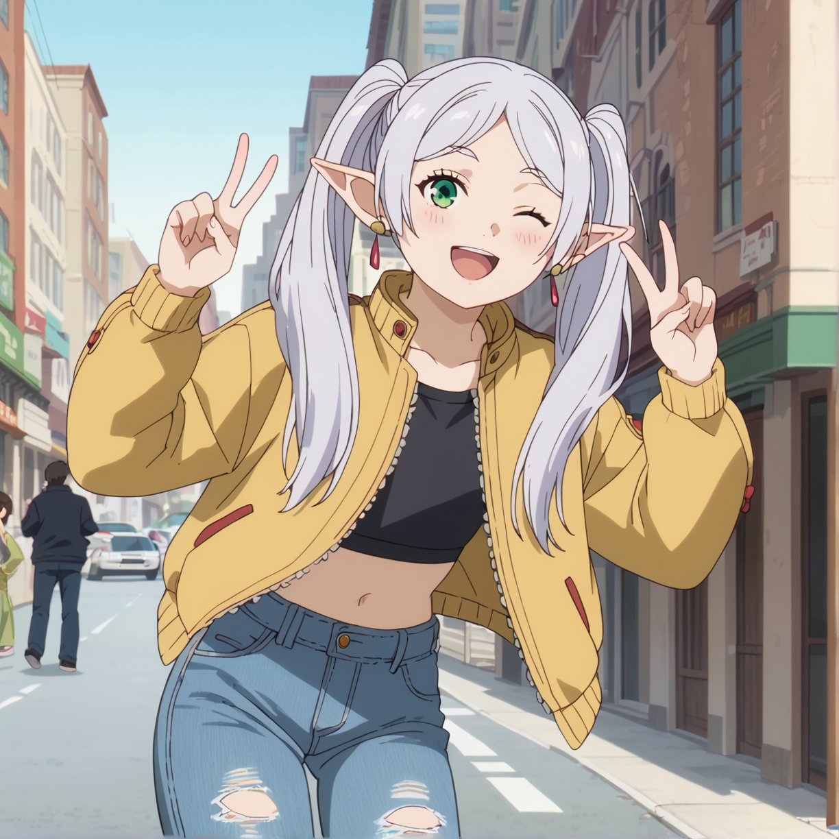 score_9, score_8_up, score_7_up, 1girl, FrierenSSnF, ((masterpiece, best quality)), (hyper detailed, detailed background), solo, grey hair, long hair, green eyes, one eye closed, wink, twintails, parted bangs, earrings, pointy ears, white_jacket, black sports bra, ripped_jeans, sneakers, standing, city_street, urban_background, modern_buildings, cars, people_in_background, anime_screencap, score_anime, anime screencap,(cowboy_shot:1.4), blush, smile, (double peace:1.4), excited_expression,  (motion_blur:1.1), open mouth