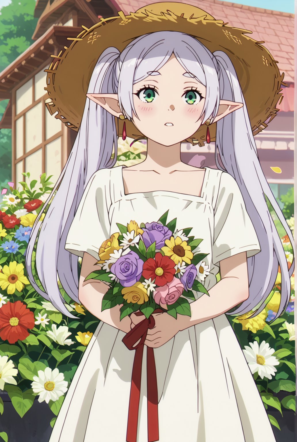 score_9, score_8_up, score_7_up, 1girl, FrierenSSnF, ((masterpiece, best quality)), (hyper detailed, detailed background), 1girl, solo, grey hair, long hair, green eyes, twintails, parted bangs, earrings, pointy ears, sundress, sun flower garden, straw hat, blush,anime screencap,score_anime, (falling petals:1.2), (holding bouquet:1.4), (cowboy_shot:1.4)