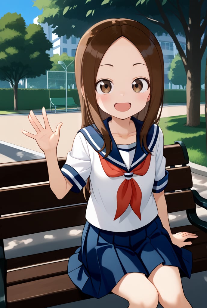 1girl, source_anime, aatakagi, solo, long hair, brown hair, parted bangs, collarbone, serafuku, sailor collar, red neckerchief, white shirt, short sleeves, pleated skirt, blue skirt, sitting, waving, smile, bench, outdoors, park, flushing, happy, open mouth 

