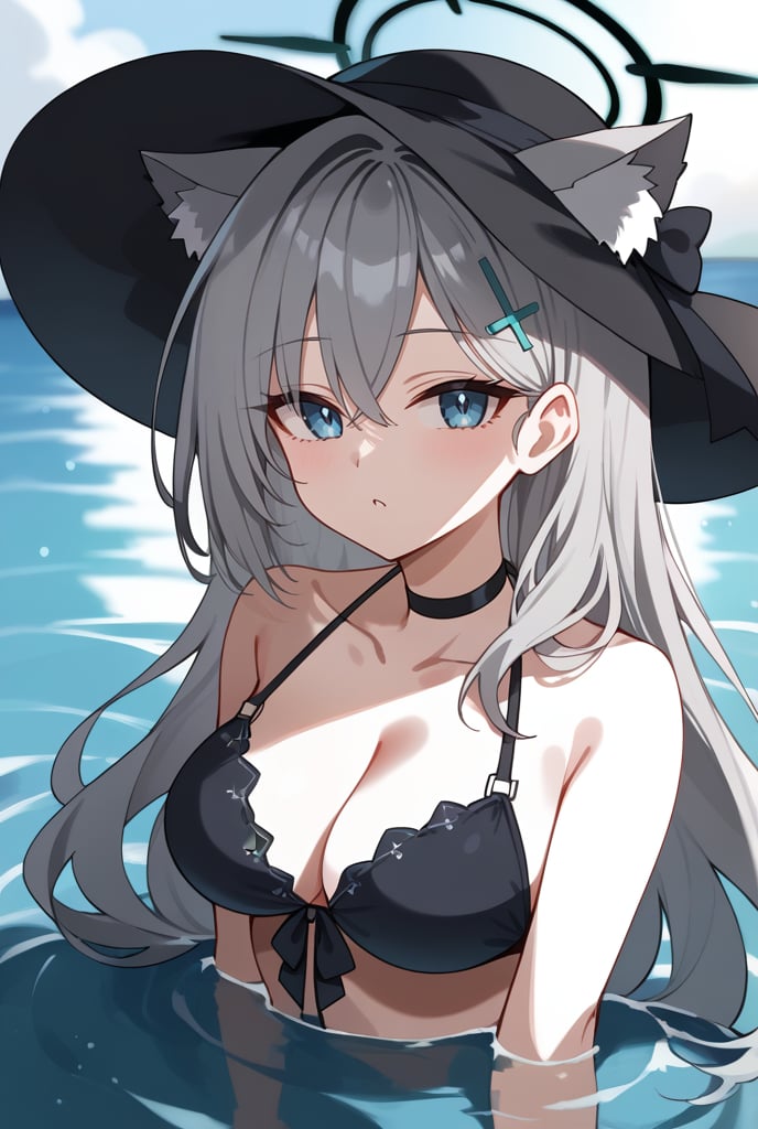 BLUE EYES, GREY HAIR, HAIRCLIP, LONG HAIR, ANIMAL EARS, HALO, BLACK CHOKER, 1girl, Black bikini, Sun hat, Flower on hat, Long silver hair, Cat ears, Halo, Hairclip, In water, Sunlight reflection, Hand on hat, Looking up, Water background, Sunny day,shiroko terror \(blue archive\)