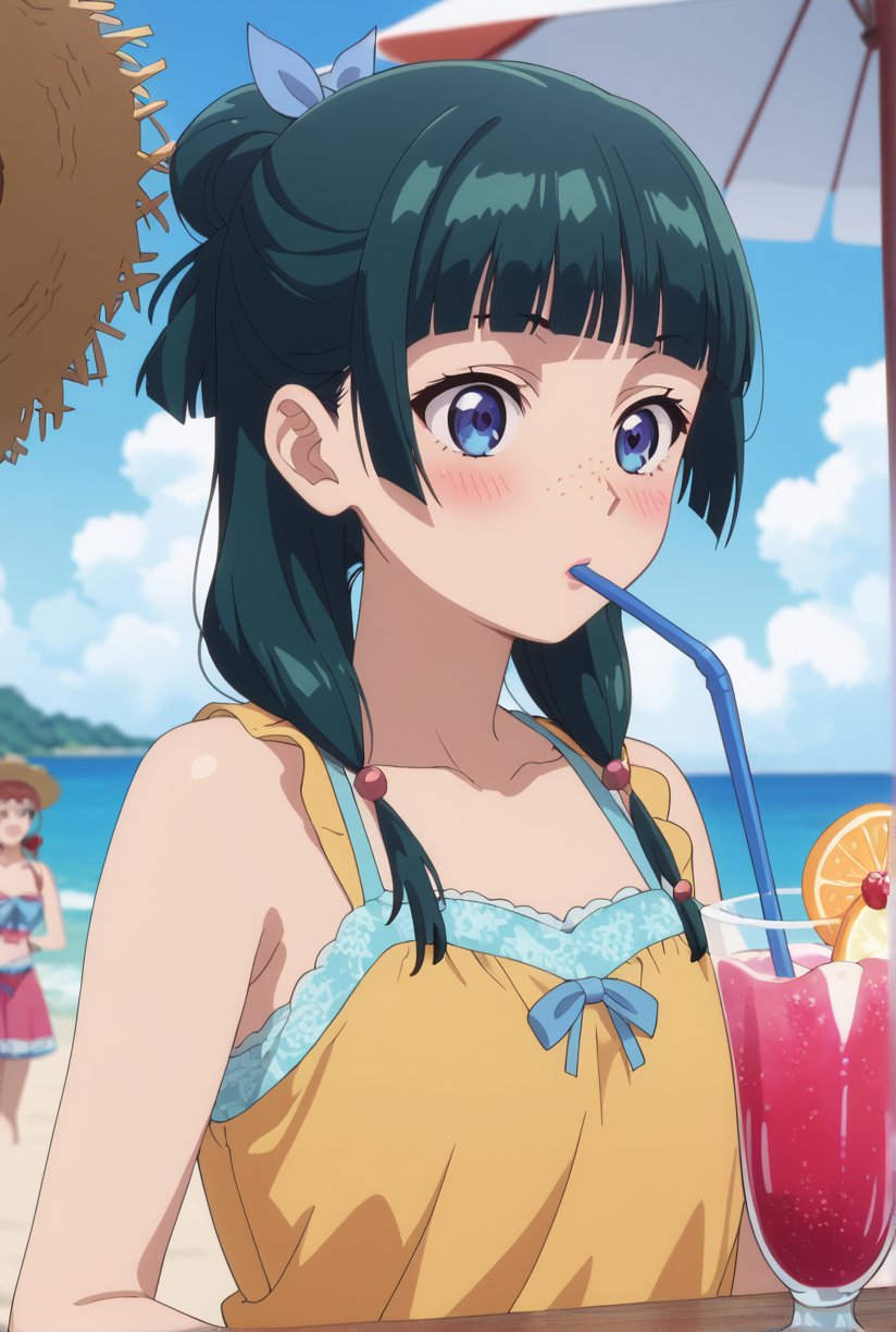 score_9, score_8_up, score_7_up, score_6_up, source_anime, 1girl, maomao, ((masterpiece, best quality)), (hyper detailed, detailed background), long hair, bangs, blue eyes, hair ornament, green hair, blunt bangs, freckles, hair bun, sundress, beach, straw hat, drinking, (strawberry:0.5), drinking straw, blush,anime screencap,score_anime