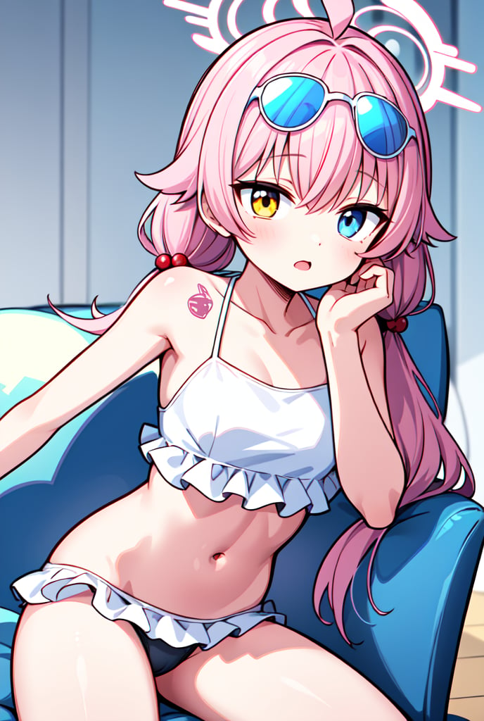 1girl, shoshino, halo, low twintails, eyewear on head, bikini,head rest, amber-half-eye, blue-half-eye, pink hair