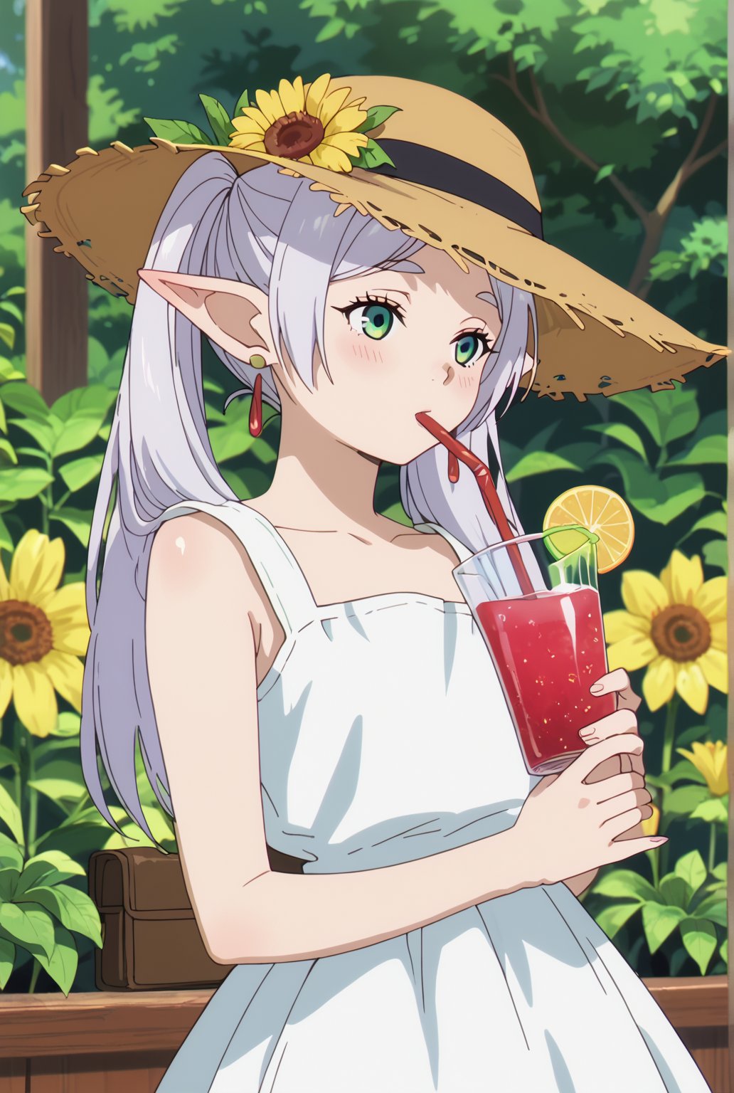 score_9, score_8_up, score_7_up, 1girl, FrierenSSnF, ((masterpiece, best quality)), (hyper detailed, detailed background), 1girl, solo, grey hair, long hair, green eyes, twintails, parted bangs, earrings, pointy ears, sundress, sun flower garden, straw hat, drinking, (strawberry:0.5), drinking straw, blush,anime screencap,score_anime