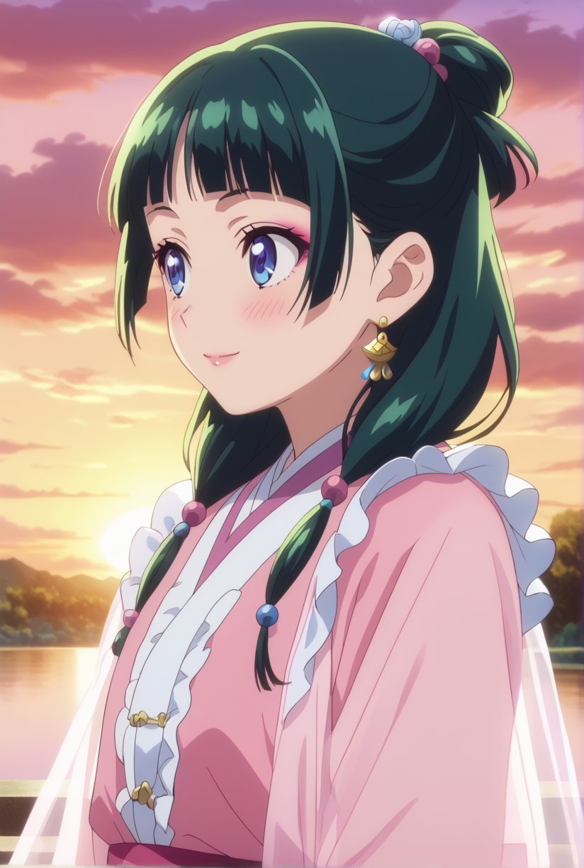 1girl, maomao, ((masterpiece, best quality)), (hyper detailed, detailed background), solo, green hair, long hair, blue eyes, BREAK blunt bangs, earrings, jewelry, looking up, sunset, golden hour, daytime sky, wide sleeves, frills, frilled dress, pink dress, white frills, purple frills, pink ribbon, pink skirt, bandaged arm, straight hair, hair over shoulder, hair beads, dancer dress, pink see-through shawl, makeup, pink eyeliner, looking to the side, low twintails, full body, BREAK score_9, score_8_up, score_7_up, score_6_up, anime, BREAK (high quality, detailed, beautiful), shiny, detailed beautiful eyes, outstanding, countershading, detailed soft lighting, score_anime, anime screencap, ((upper body)), ((dynamic pose)), serene lake, glowing sunset reflections, floating lotus flowers, calm waters, warm atmosphere, happy, smile, blush
