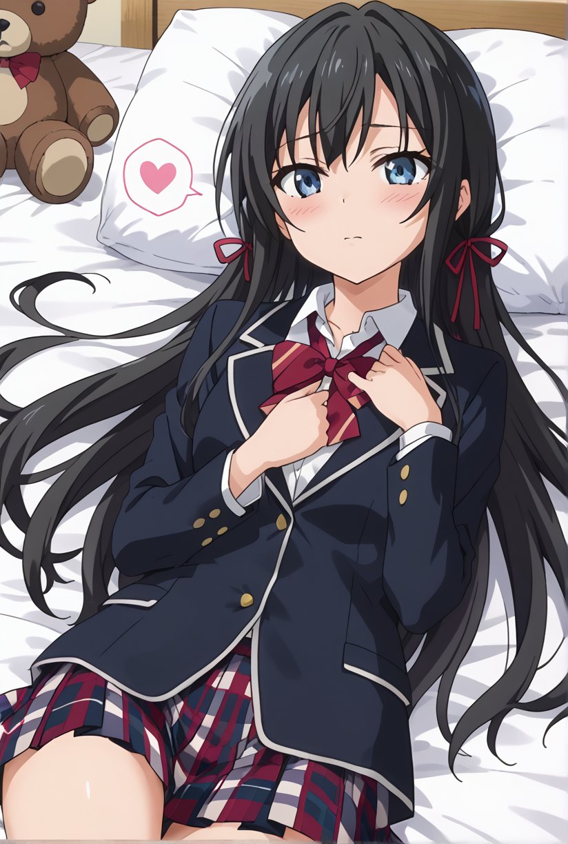 score_9, source_anime, anime screencap, anime coloring, 1girl, solo, shiyukino, long hair, black hair, blue eyes, ribbon, school uniform, hair ribbon, black jacket, plaid skirt, blazer, sobu high school uniform, (lying bed:1.4), hand resting on chest, legs slightly bent, blush, shy expression, teddy bear, relaxed atmosphere.,beautiful_female_fingers, spoken heart,