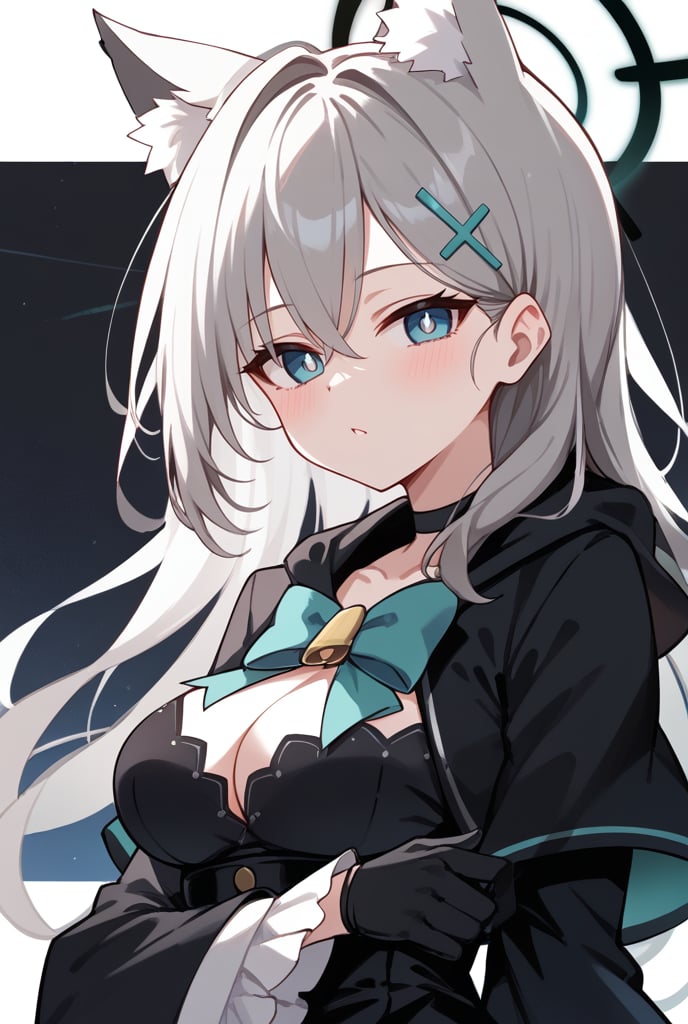 BLUE EYES, GREY HAIR, HAIRCLIP, LONG HAIR, ANIMAL EARS, HALO, BLACK CHOKER, BLACK CAPELET, BLACK DRESS, WIDE SLEEVES, BLACK GLOVES, 1girl, portrait, looking_at_viewer, blue_eyes, mismatched_pupils, polka_dot_background, shiroko-terror,, shiroko terror \(blue archive\), score_9, score_8_up, score_7_up, score_6_up, score_5_up, score_4_up,