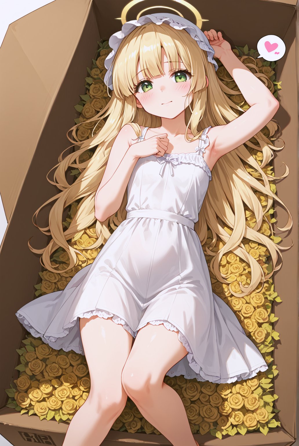 score_9, score_8_up, score_7_up, score_6_up, score_5_up, score_4_up, source_anime, 1girl, solo, lying on her side, long blonde hair, green eyes, halo, hat, shy expression, sundress, legs folded, curled up pose, lying in a coffin-like box, (in a box:1.4), comfortable but slightly playful atmosphere, sparkling particles, glowing light effects, magical atmosphere, fairy-like surroundings, furuderika_pony, indoor background, blush, happy, shy, spoken heart, beautiful finger,beautiful_female_fingers