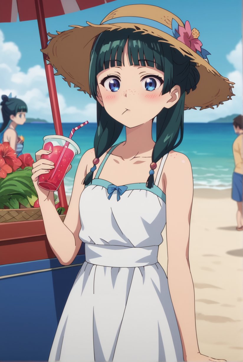 score_9, score_8_up, score_7_up, score_6_up, source_anime, 1girl, maomao, ((masterpiece, best quality)), (hyper detailed, detailed background), long hair, bangs, blue eyes, hair ornament, green hair, blunt bangs, freckles, hair bun, sundress, beach, straw hat, drinking, (strawberry:0.5), drinking straw, blush,anime screencap,score_anime