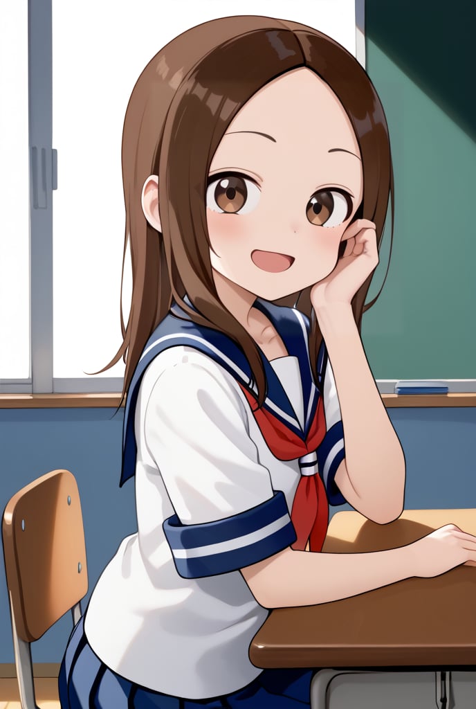 1girl, source_anime, aatakagi, solo, long hair, brown hair, parted bangs, collarbone, serafuku, sailor collar, red neckerchief, white shirt, short sleeves, pleated skirt, blue skirt, classroom, sitting, on chair, from side, looking at viewer, hand on own face, desk, smile, elbow on table,flushing, happy, open mouth

