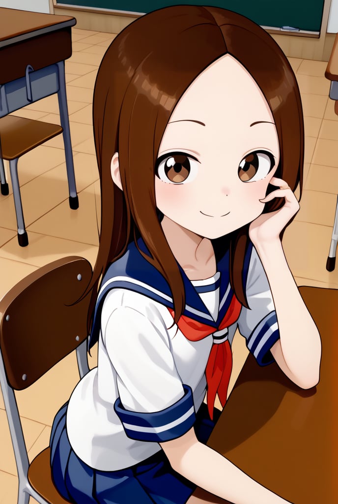 1girl, source_anime, aatakagi, solo, long hair, brown hair, parted bangs, collarbone, serafuku, sailor collar, red neckerchief, white shirt, short sleeves, pleated skirt, blue skirt, classroom, sitting, on chair, from side, looking at viewer, hand on own face, desk, smile, elbow on table,

