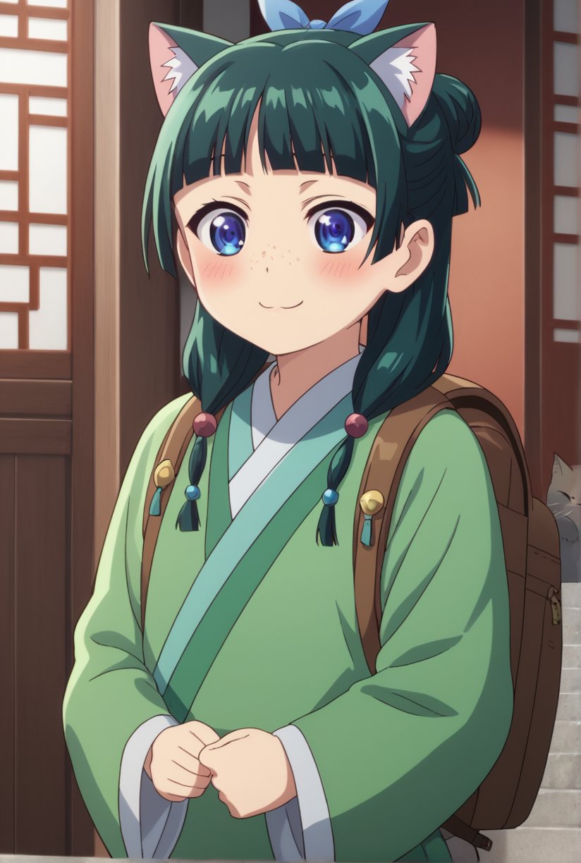 1girl, maomao, ((masterpiece, best quality)), (hyper detailed, detailed background), solo, green hair, long hair, blue eyes, BREAK :3, backpack, bag, blunt bangs, blush, cat ears, long sleeves, smile, chibi, freckles, light green hanfu, default clothes, chinese clothes, wide sleeves, default hairstyle, hair bun, hair ribbon, blue ribbon, sidelocks, hair beads, half updo, hair over shoulder, excited, low twintails, BREAK score_9, score_8_up, score_7_up, score_6_up, anime, BREAK (high quality, detailed, beautiful), shiny, detailed beautiful eyes, outstanding, countershading, detailed soft lighting