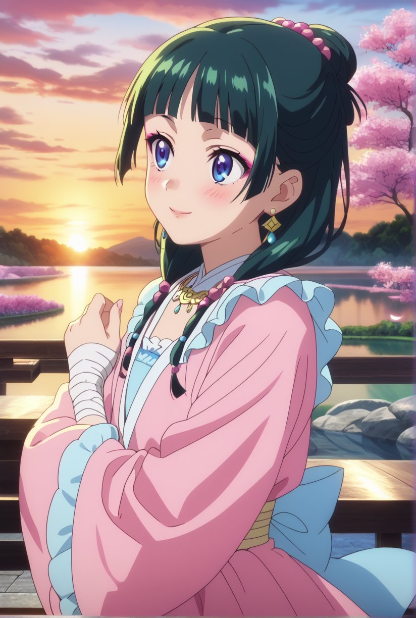 1girl, maomao, ((masterpiece, best quality)), (hyper detailed, detailed background), solo, green hair, long hair, blue eyes, BREAK blunt bangs, earrings, jewelry, looking up, sunset, golden hour, daytime sky, wide sleeves, frills, frilled dress, pink dress, white frills, purple frills, pink ribbon, pink skirt, bandaged arm, straight hair, hair over shoulder, hair beads, dancer dress, pink see-through shawl, makeup, pink eyeliner, looking to the side, low twintails, full body, BREAK score_9, score_8_up, score_7_up, score_6_up, anime, BREAK (high quality, detailed, beautiful), shiny, detailed beautiful eyes, outstanding, countershading, detailed soft lighting, score_anime, anime screencap, ((upper body)), ((dynamic pose)), serene lake, glowing sunset reflections, floating lotus flowers, calm waters, warm atmosphere, happy, smile, blush
