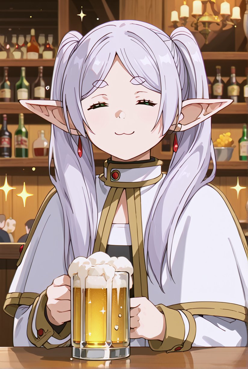 score_9, score_8_up, score_7_up, 1girl, FrierenSSnF, ((masterpiece, best quality)), (hyper detailed, detailed background), 1girl, frieren inside a Irish pub, holding a large glass of beer with overflowing foam,green eyes, grey hair, twintails, thick eyebrows, pointy ears, white capelet,=w=, :3, = =, eyes closed, sparkle, sparkle background, star (symbol), looking at viewer, pub background, score_anime, anime screencap, 
