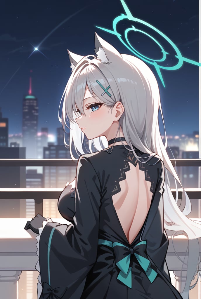 BLUE EYES, GREY HAIR, HAIRCLIP, LONG HAIR, ANIMAL EARS, HALO, BLACK CHOKER, BLACK strap DRESS, WIDE SLEEVES, BLACK GLOVES, 1girl, Overlooking cityscape, Night sky, Long silver hair, Cat ears, Balcony, City lights, back view
,shiroko terror \(blue archive\),score_9, score_8_up, score_7_up, score_6_up, score_5_up, score_4_up, face portrait