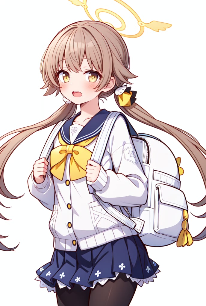 ((masterpiece,best quality)),(illustration),1girl, hifumi (blue archive), solo, halo, twintails, bag, blush, pantyhose, simple background, school uniform, backpack, open mouth, low twintails, black pantyhose, skirt, looking at viewer, long hair, light brown hair, sailor collar, brown hair, yellow eyes, long sleeves, collarbone, white background, holding strap, brown eyes, blue skirt