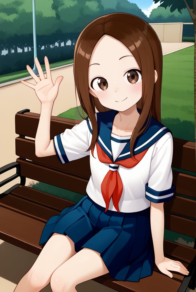 1girl, source_anime, aatakagi, solo, long hair, brown hair, parted bangs, collarbone, serafuku, sailor collar, red neckerchief, white shirt, short sleeves, pleated skirt, blue skirt, sitting, waving, smile, bench, outdoors, park,

