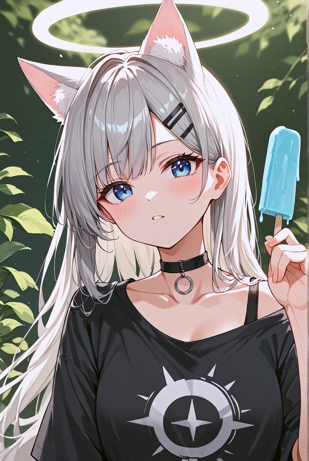 score_9, score_8_up, score_7_up, score_6_up, score_5_up, score_4_up,
((masterpiece, best quality)), (hyper detailed), 1girl, BLUE EYES, GREY HAIR, HAIRCLIP, LONG HAIR, ANIMAL EARS, HALO, wearing black off-shoulder t-shirt, choker, blue popsicle, holding popsicle in mouth, relaxed expression, minimal background, upper body focus, close-up, detailed hair, detailed face, cool tones, casual outfit, slight blush, summer vibe, soft lighting,source_anime,BREAK, (look at viewer:1.4)