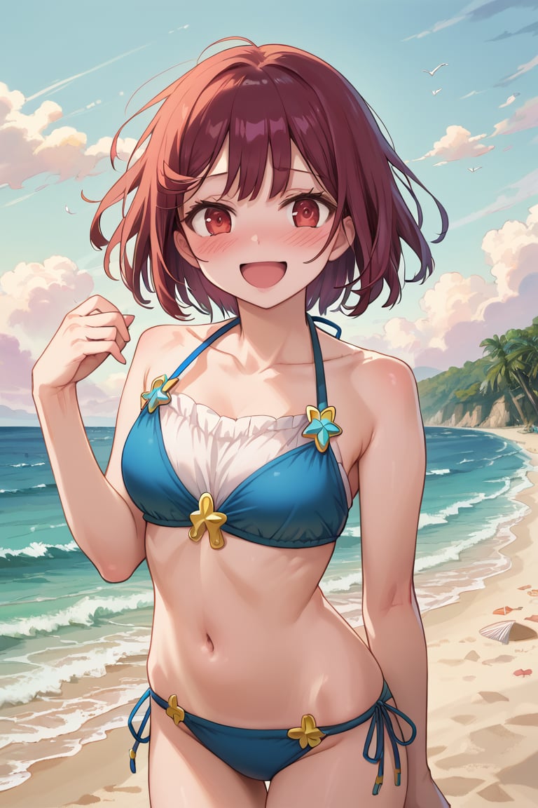 score_9, 1girl, sophieatelier, ((masterpiece, best quality)), (hyper detailed, detailed background), expressive eyes, perfect face, bikini, midriff, fit body, looking at viewer, happy, flush, blush, embarrassed, short hair, beach background