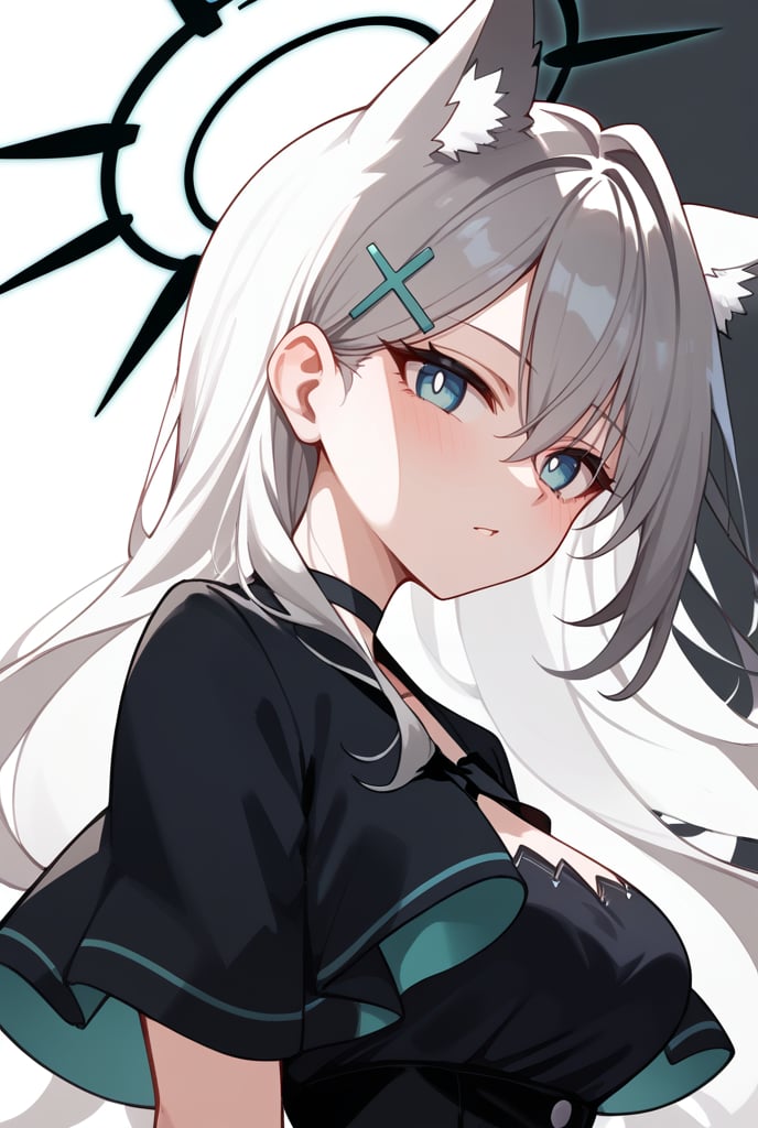 BLUE EYES, GREY HAIR, HAIRCLIP, LONG HAIR, ANIMAL EARS, HALO, BLACK CHOKER, BLACK CAPELET, BLACK DRESS, WIDE SLEEVES, BLACK GLOVES, 1girl, portrait, looking_at_viewer, blue_eyes, mismatched_pupils, polka_dot_background, shiroko-terror,, shiroko terror \(blue archive\), score_9, score_8_up, score_7_up, score_6_up, score_5_up, score_4_up,