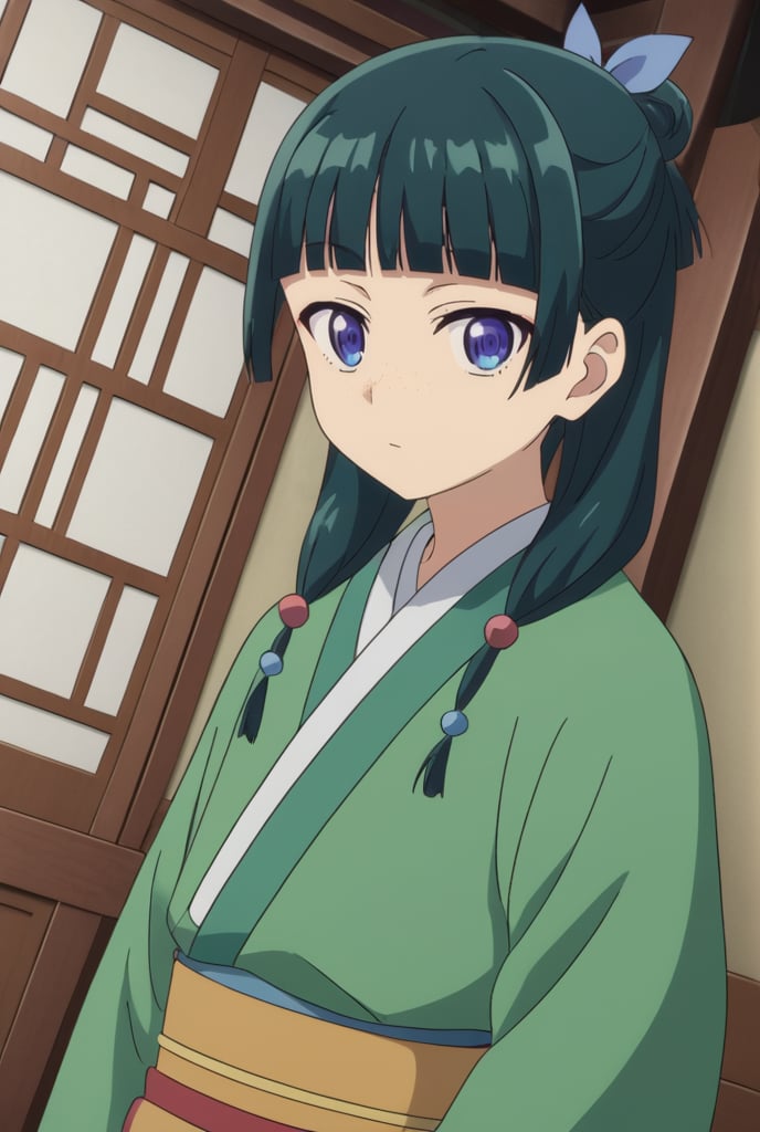 source_anime, ((masterpiece, best quality)), (hyper detailed, detailed background), 1girl, solo, maomao, long hair, bangs, blue eyes, hair ornament, green hair, blunt bangs, freckles, hair bun, single hair bun, japanese clothes, indoors, on side, looking at viewer, cowboy shot, dutch angle,