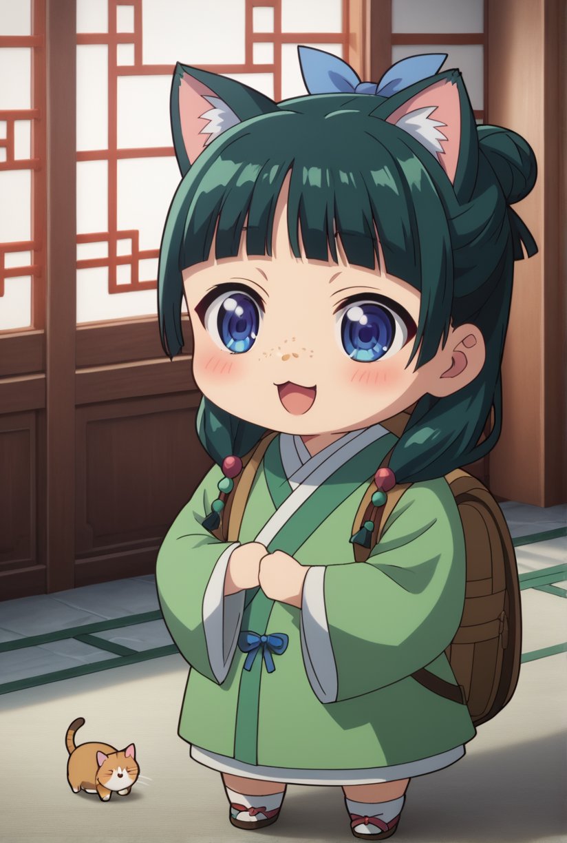 1girl, maomao, ((masterpiece, best quality)), (hyper detailed, detailed background), solo, green hair, long hair, blue eyes, BREAK :3, backpack, bag, blunt bangs, blush, cat ears, long sleeves, smile, chibi, freckles, light green hanfu, pink clothes, chinese clothes, wide sleeves, default hairstyle, hair bun, hair ribbon, blue ribbon, sidelocks, hair beads, half updo, hair over shoulder, excited, low twintails, BREAK score_9, score_8_up, score_7_up, score_6_up, anime, BREAK (high quality, detailed, beautiful), shiny, detailed beautiful eyes, outstanding, countershading, detailed soft lighting, ((Chibi character))