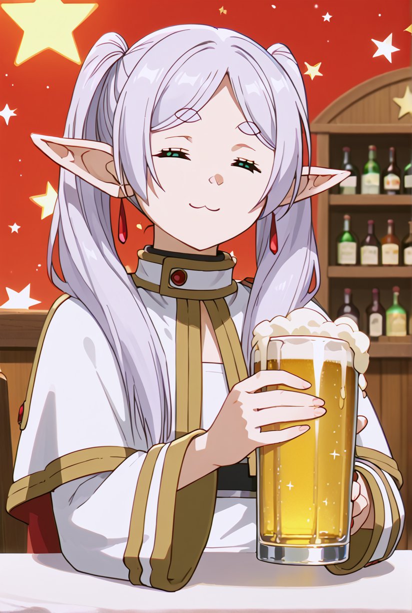 score_9, score_8_up, score_7_up, 1girl, FrierenSSnF, ((masterpiece, best quality)), (hyper detailed, detailed background), 1girl, frieren inside a Irish pub, holding a large glass of beer with overflowing foam,green eyes, grey hair, twintails, thick eyebrows, pointy ears, white capelet,=w=, :3, = =, eyes closed, sparkle, sparkle background, star (symbol), looking at viewer, pub background, score_anime, anime screencap, 
