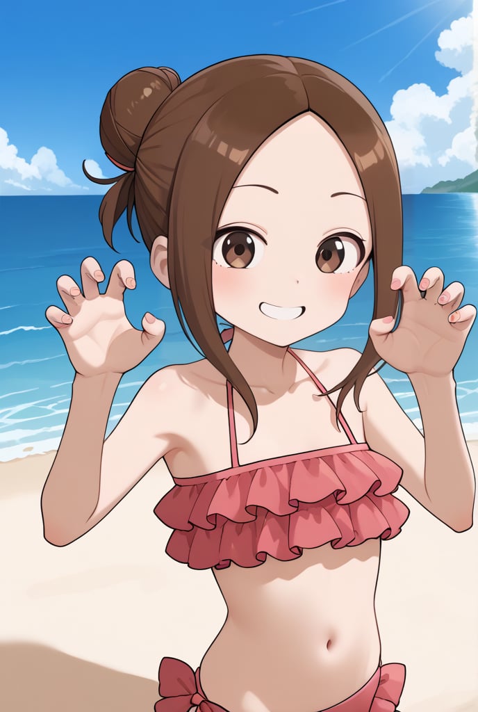 1girl,source_anime, aatakagi, solo, brown hair single hair bun, parted bangs, frilled bikini, pink bikini, hands up, claw pose, smile, beach, sky, collarbone