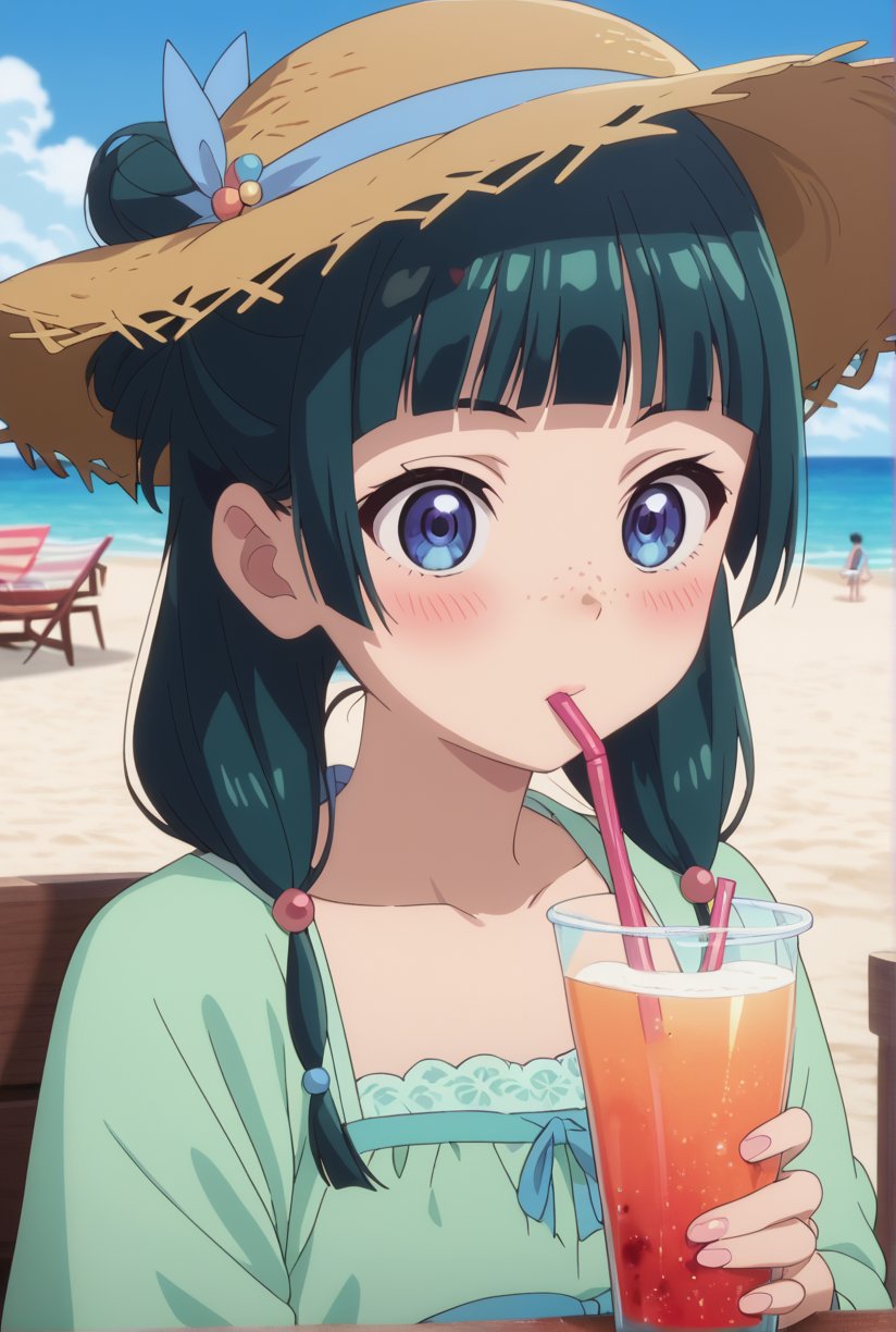 score_9, score_8_up, score_7_up, score_6_up, source_anime, 1girl, maomao, ((masterpiece, best quality)), (hyper detailed, detailed background), long hair, bangs, blue eyes, hair ornament, green hair, blunt bangs, freckles, hair bun, sundress, beach, straw hat, drinking, (strawberry:0.5), drinking straw, blush,anime screencap,score_anime