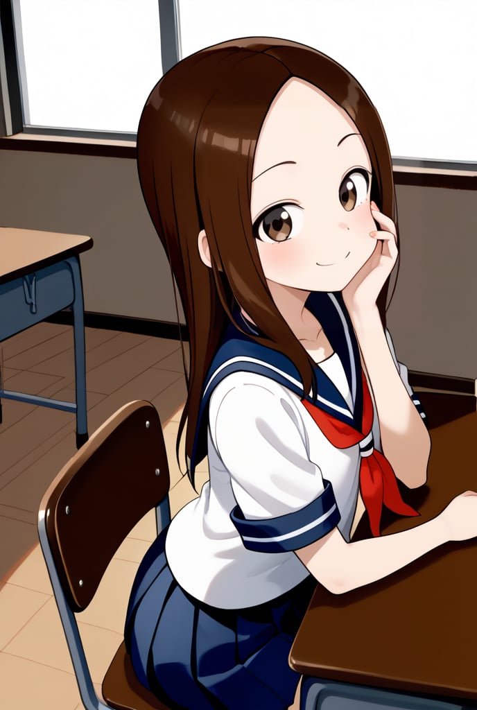 1girl, source_anime, aatakagi, solo, long hair, brown hair, parted bangs, collarbone, serafuku, sailor collar, red neckerchief, white shirt, short sleeves, pleated skirt, blue skirt, classroom, sitting, on chair, from side, looking at viewer, hand on own face, desk, smile, elbow on table,

