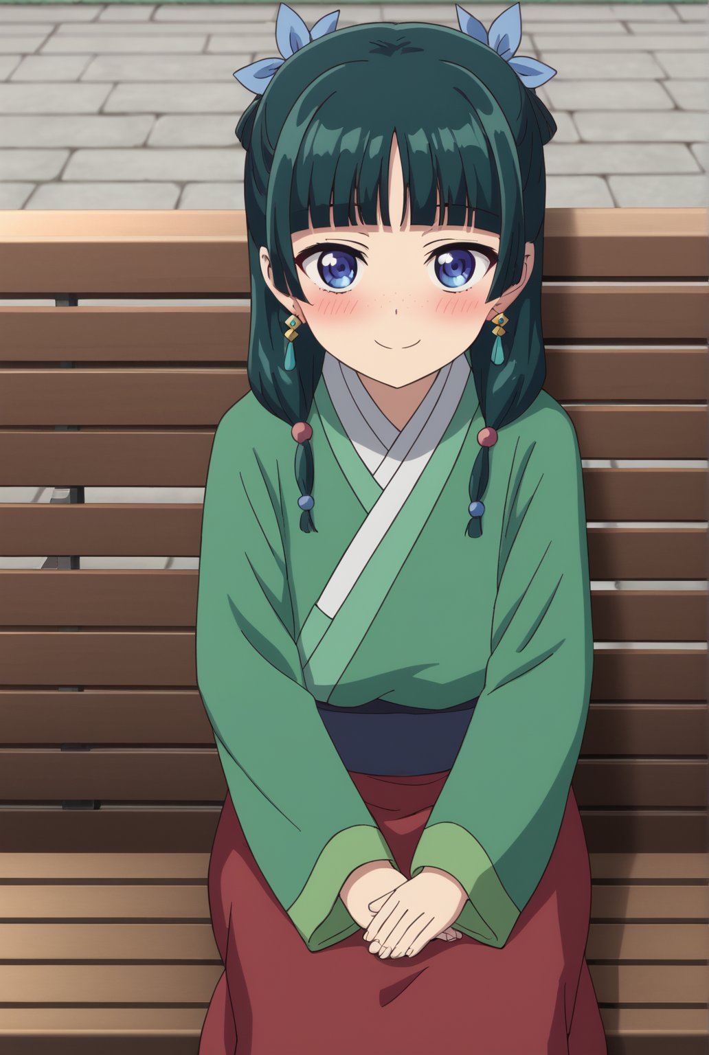 source_anime, masterpiece, best quality, highly detailed, 1girl, solo, maomao, dark green hair, green kimono, hair ribbon, long sleeves, medium hair, blue eyes, blunt bangs, hair ornament, (freckles:0.5), japanese clothes, kimono, long sleeves, twintails, earrings, smile, blush, looking at viewer, (red skirt:1.1), long skirt, sitting, outdoor, sitting in bench, day, flowers, ((close up face))