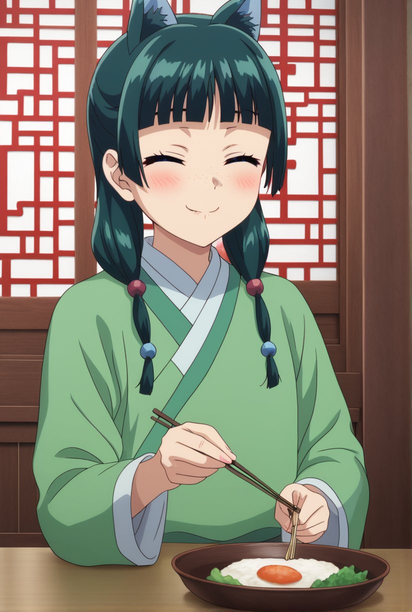 1girl, maomao, ((masterpiece, best quality)), (hyper detailed, detailed background), solo, green hair, long hair, blue eyes, maomao, animal ears, blunt bangs, shaded face, freckles, light green hanfu, default clothes, chinese clothes, long sleeves, default hairstyle, hair ribbon, blue ribbon, sidelocks, hair beads, hair over shoulder, low twintails, anime, (high quality, detailed, beautiful), shiny, detailed beautiful eyes, outstanding, countershading, detailed soft lighting, closed eyes, smiling, eating with chopsticks, calm expression, seated in traditional Chinese room, wooden table, background with sliding doors and traditional curtains, warm lighting, peaceful atmosphere, lightly blushed cheeks, holding chopsticks close to mouth, mid-bite, slightly tilted head