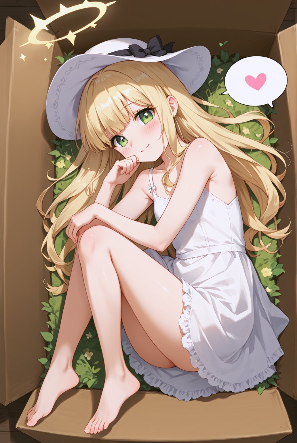 score_9, score_8_up, score_7_up, score_6_up, score_5_up, score_4_up, source_anime, 1girl, solo, lying on her side, long blonde hair, green eyes, halo, hat, shy expression, sundress, legs folded, curled up pose, lying in a coffin-like box, (in a box:1.4), comfortable but slightly playful atmosphere, sparkling particles, glowing light effects, magical atmosphere, fairy-like surroundings, furuderika_pony, indoor background, blush, happy, shy, spoken heart, beautiful finger,beautiful_female_fingers