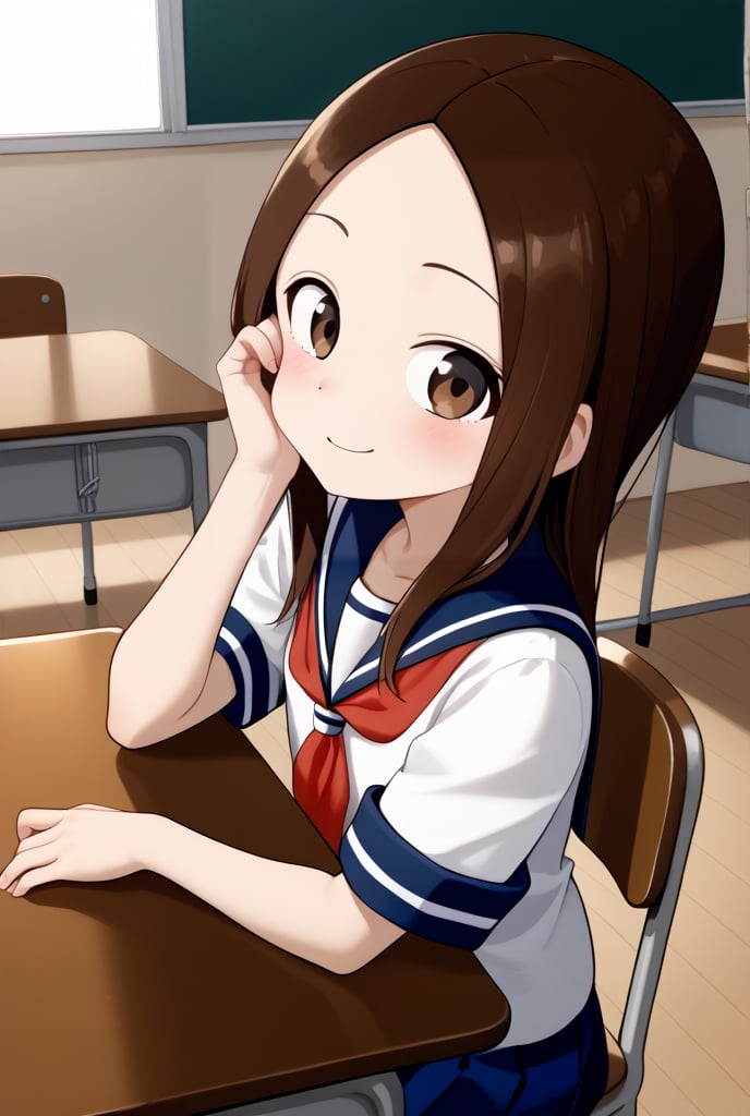 1girl, source_anime, aatakagi, solo, long hair, brown hair, parted bangs, collarbone, serafuku, sailor collar, red neckerchief, white shirt, short sleeves, pleated skirt, blue skirt, classroom, sitting, on chair, from side, looking at viewer, hand on own face, desk, smile, elbow on table,

