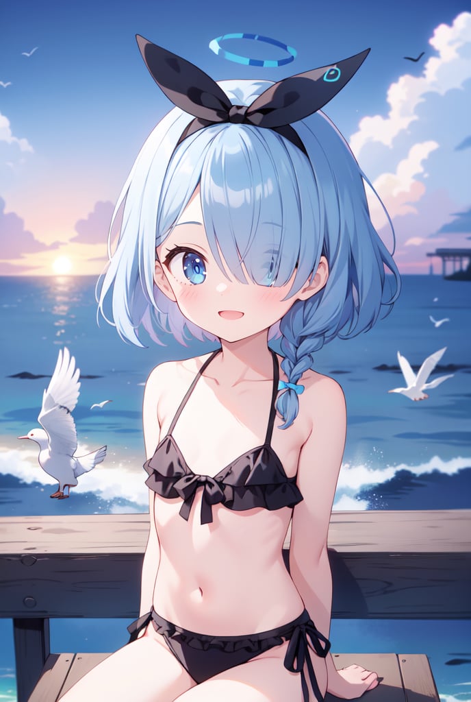 1girl, Arona, blue halo, blue eyes, blue hair, short hair, single braid, hair over one eye, flat chest, white hair bow, white hairband, black bikini, arms behind back, Beach, pier, seagulls, morning, cloudy, dynamic, scenic, arona (blue archive), dynamic pose, sitting, smile, upper body