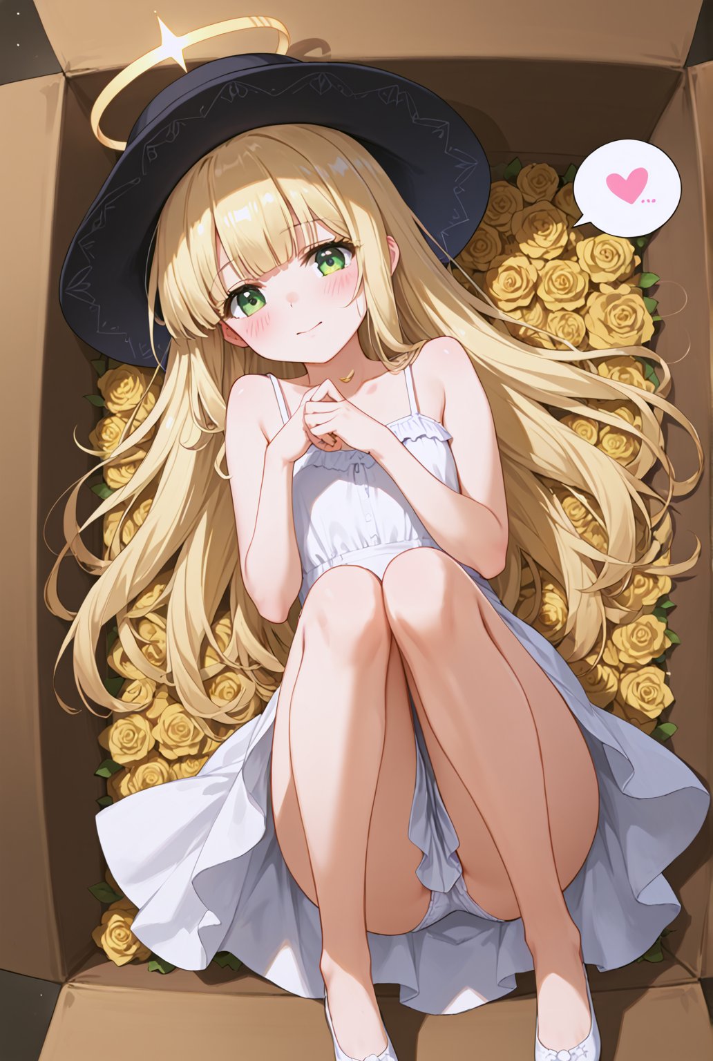 score_9, score_8_up, score_7_up, score_6_up, score_5_up, score_4_up, source_anime, 1girl, solo, lying on her side, long blonde hair, green eyes, halo, hat, shy expression, sundress, legs folded, curled up pose, lying in a coffin-like box, (in a box:1.4), comfortable but slightly playful atmosphere, sparkling particles, glowing light effects, magical atmosphere, fairy-like surroundings, furuderika_pony, indoor background, blush, happy, shy, spoken heart, beautiful finger,beautiful_female_fingers