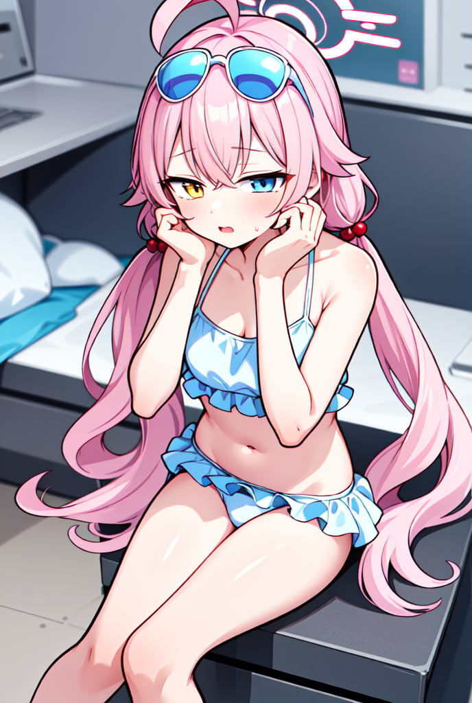 1girl, shoshino, halo, low twintails, eyewear on head, bikini,head rest,  amber-half-eye, blue-half-eye, pink hair, heavy-lidded eyes