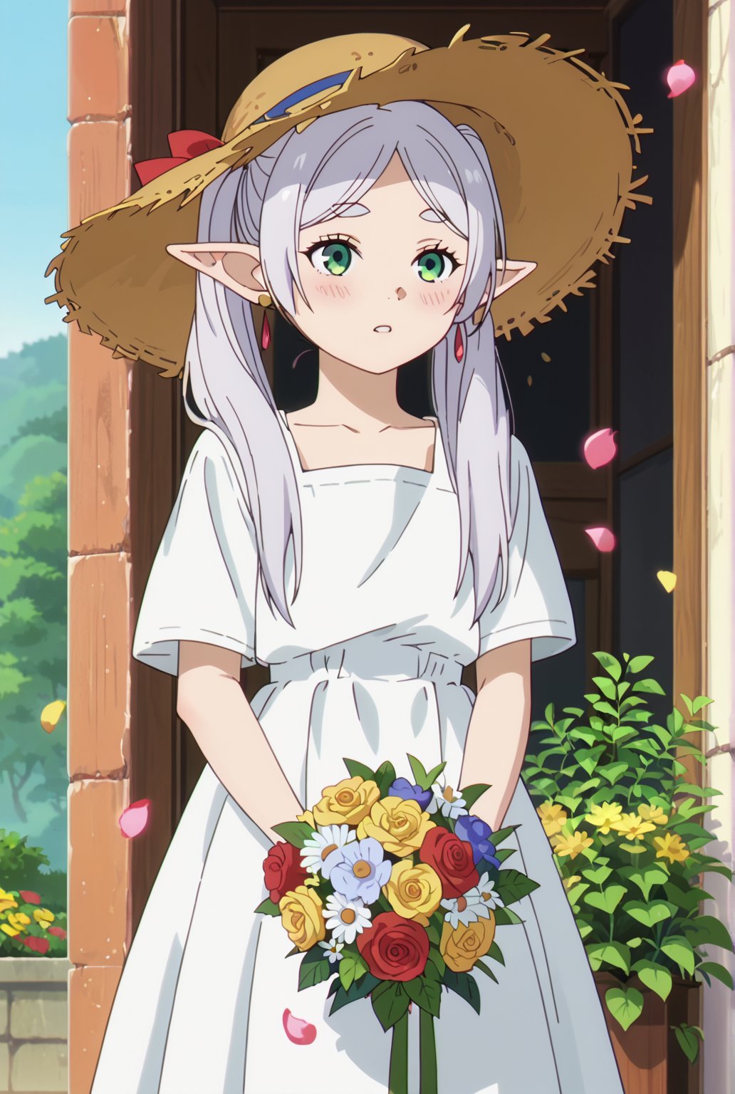 score_9, score_8_up, score_7_up, 1girl, FrierenSSnF, ((masterpiece, best quality)), (hyper detailed, detailed background), 1girl, solo, grey hair, long hair, green eyes, twintails, parted bangs, earrings, pointy ears, sundress, sun flower garden, straw hat, blush,anime screencap,score_anime, (falling petals:1.2), (holding bouquet:1.4), (cowboy_shot:1.4)