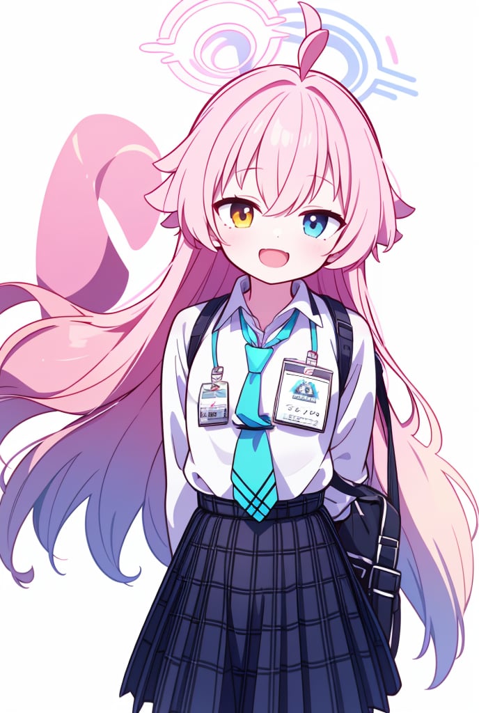 1girl, hoshino, pink hair, halo, shirt, necktie, skirt, fingerless gloves, id card,(waving:1.1), :3, :d, close-up, white background, amber-half-eye, blue-half-eye, arms behind back,hoshino_bluearchive