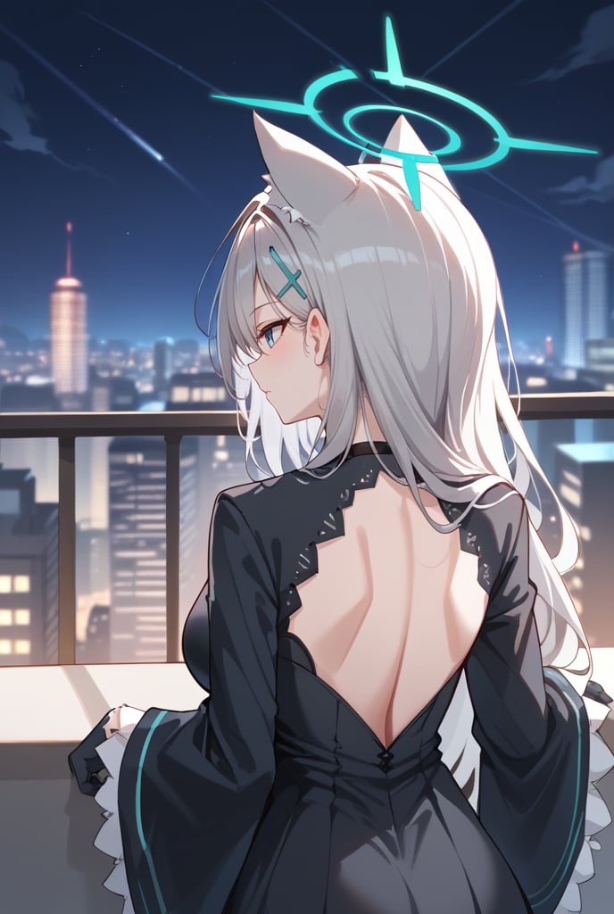 BLUE EYES, GREY HAIR, HAIRCLIP, LONG HAIR, ANIMAL EARS, HALO, BLACK CHOKER, BLACK strap DRESS, WIDE SLEEVES, BLACK GLOVES, 1girl, Overlooking cityscape, Night sky, Long silver hair, Cat ears, Balcony, City lights, back view
,shiroko terror \(blue archive\),score_9, score_8_up, score_7_up, score_6_up, score_5_up, score_4_up, face portrait