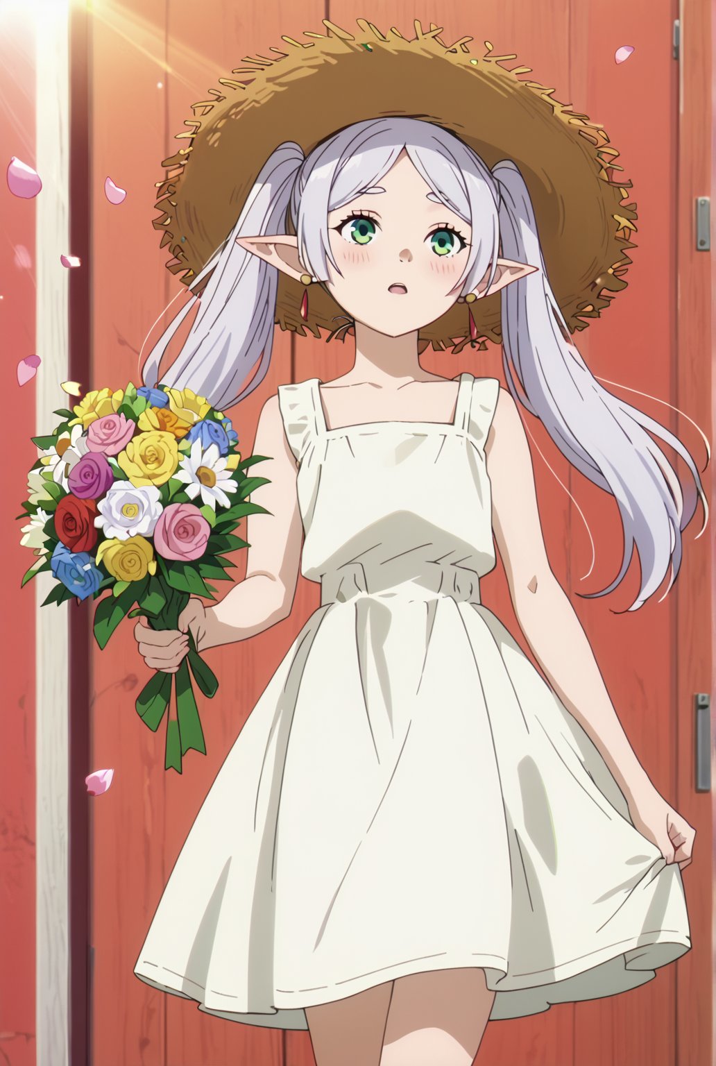 score_9, score_8_up, score_7_up, 1girl, FrierenSSnF, ((masterpiece, best quality)), (hyper detailed, detailed background), 1girl, solo, grey hair, long hair, green eyes, twintails, parted bangs, earrings, pointy ears, sundress, sun flower garden, straw hat, blush,anime screencap,score_anime, (falling petals:1.2), (holding bouquet:1.4), (cowboy_shot:1.4)