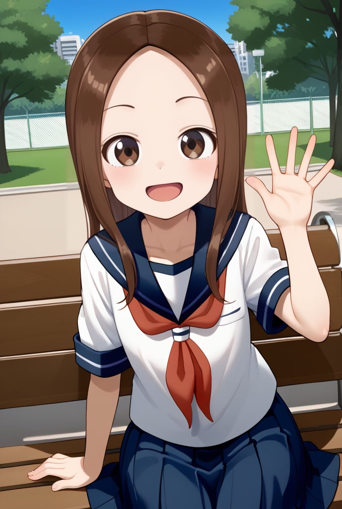 1girl, source_anime, aatakagi, solo, long hair, brown hair, parted bangs, collarbone, serafuku, sailor collar, red neckerchief, white shirt, short sleeves, pleated skirt, blue skirt, sitting, waving, smile, bench, outdoors, park, flushing, happy, open mouth 

