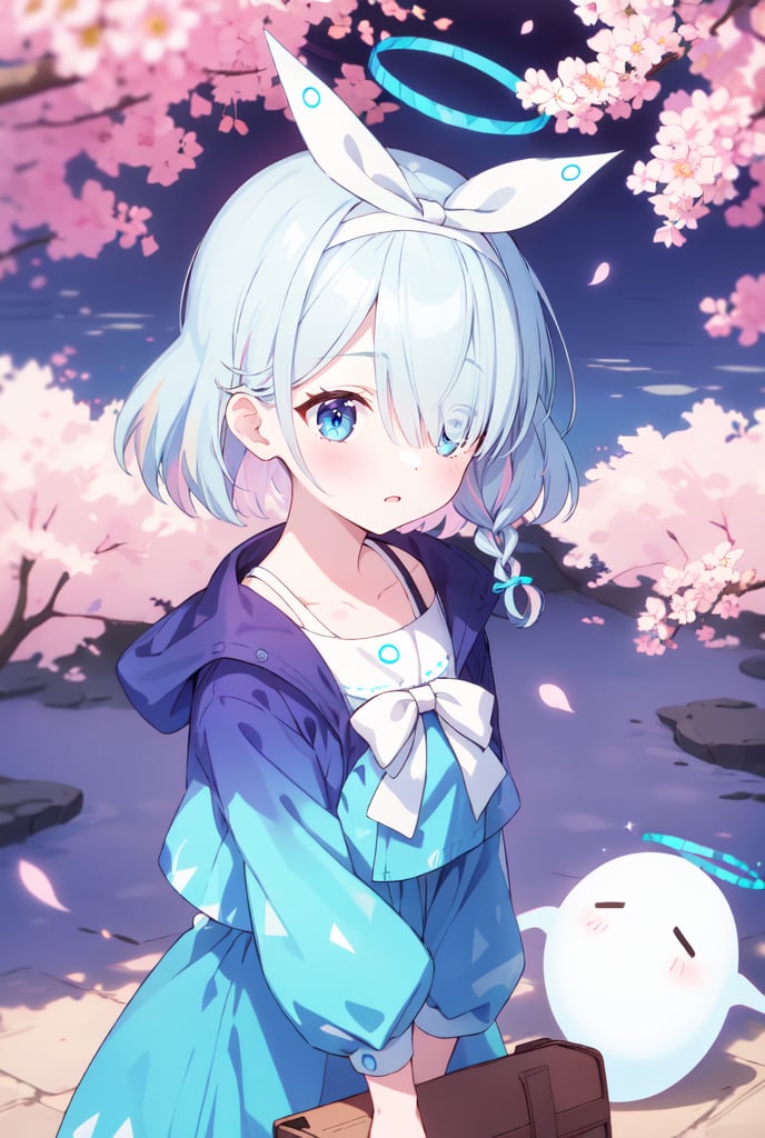 sfw, 1girl, Arona, (blue halo:1.2), blue eyes, blue hair, short hair, single braid, hair over one eye, flat chest, (white hairband:1.2), white hair bow, ghost white tunic, w arms, hillside covered in cherry blossom trees in bloom, midday lighting, idyllic and picturesque scenery, arona (blue archive)