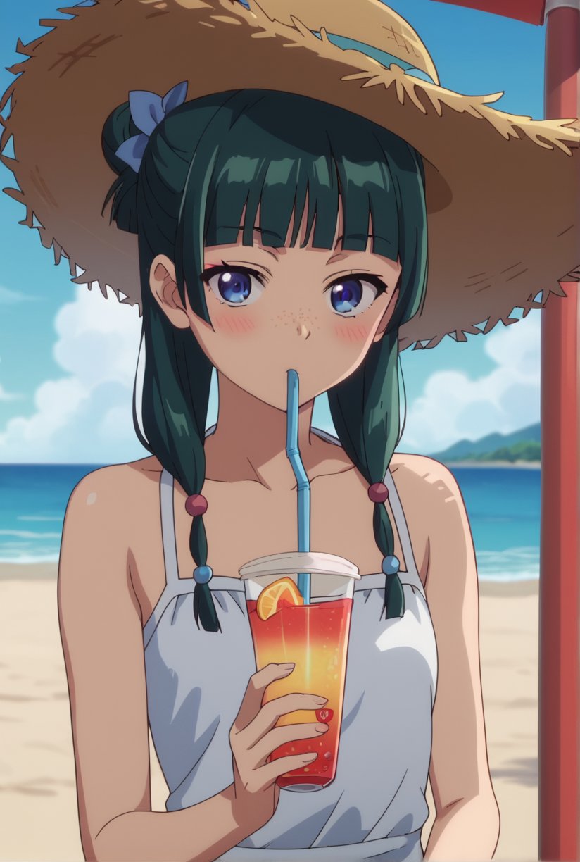 score_9, score_8_up, score_7_up, score_6_up, source_anime, 1girl, maomao, ((masterpiece, best quality)), (hyper detailed, detailed background), long hair, bangs, blue eyes, hair ornament, green hair, blunt bangs, freckles, hair bun, sundress, beach, straw hat, drinking, (strawberry:0.5), drinking straw, blush,anime screencap,score_anime