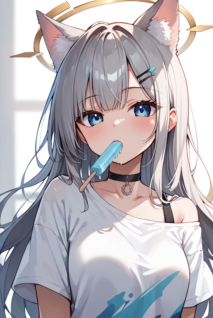 score_9, score_8_up, score_7_up, score_6_up, score_5_up, score_4_up,
((masterpiece, best quality)), (hyper detailed), 1girl, BLUE EYES, GREY HAIR, HAIRCLIP, LONG HAIR, ANIMAL EARS, HALO, wearing black off-shoulder t-shirt, choker, blue popsicle, holding popsicle in mouth, relaxed expression, minimal background, upper body focus, close-up, detailed hair, detailed face, cool tones, casual outfit, slight blush, summer vibe, soft lighting,source_anime,BREAK, (look at viewer:1.4)