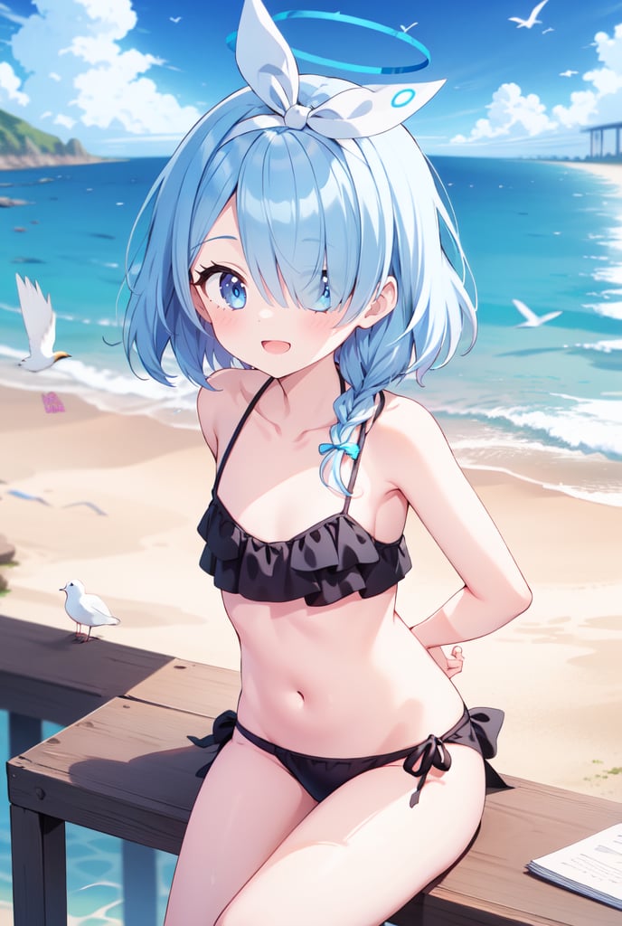 1girl, Arona, blue halo, blue eyes, blue hair, short hair, single braid, hair over one eye, flat chest, white hair bow, white hairband, black bikini, arms behind back, Beach, pier, seagulls, morning, cloudy, dynamic, scenic, arona (blue archive), dynamic pose, sitting, smile